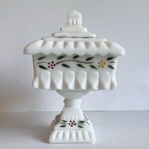Vintage Hand Painted Milk Glass Footed Candy Dish With Lid